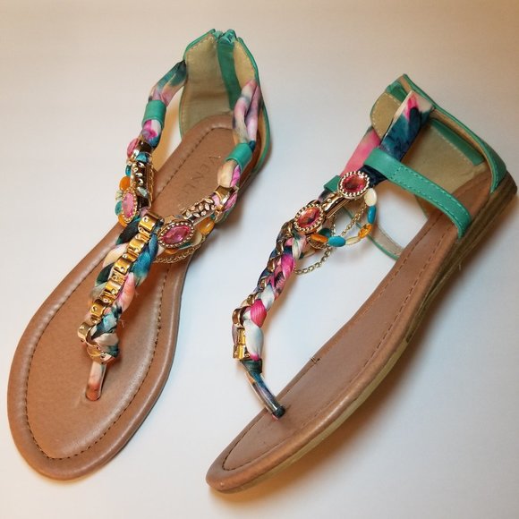 Venus Turquoise Jeweled Thong Sandals - Picture 4 of 16